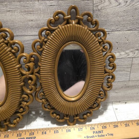 Vintage 1978 Homco Boho 9-5/8" Oval Mirror Faux Rattan Resin Wicker Set of 2 - Picture 3 of 8